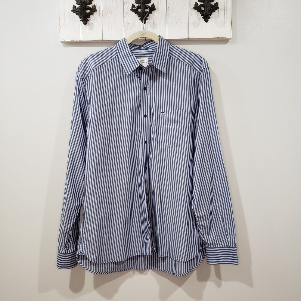 Lacoste Men's Blue Stripe Button Front Shirt Size 42 Long Sleeve EUC